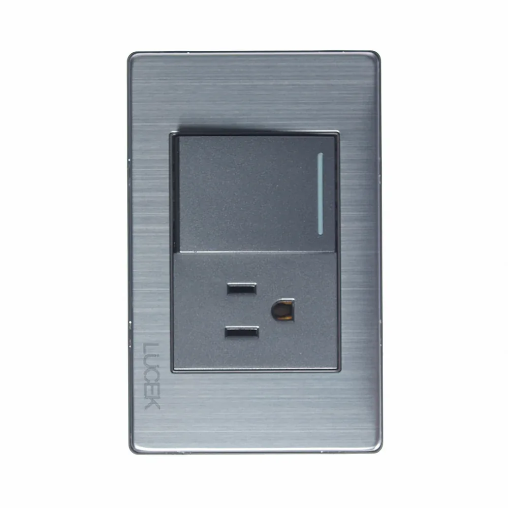 Placa c/apagador sencillo y contacto Lucek premium acero inox.