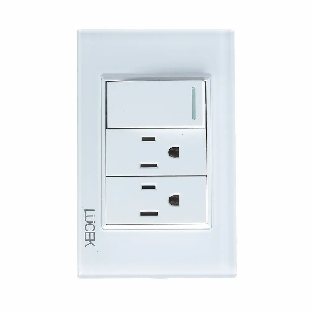 Placa c/2 contactos y 1 apagador sencillo Lucek cristal blanco