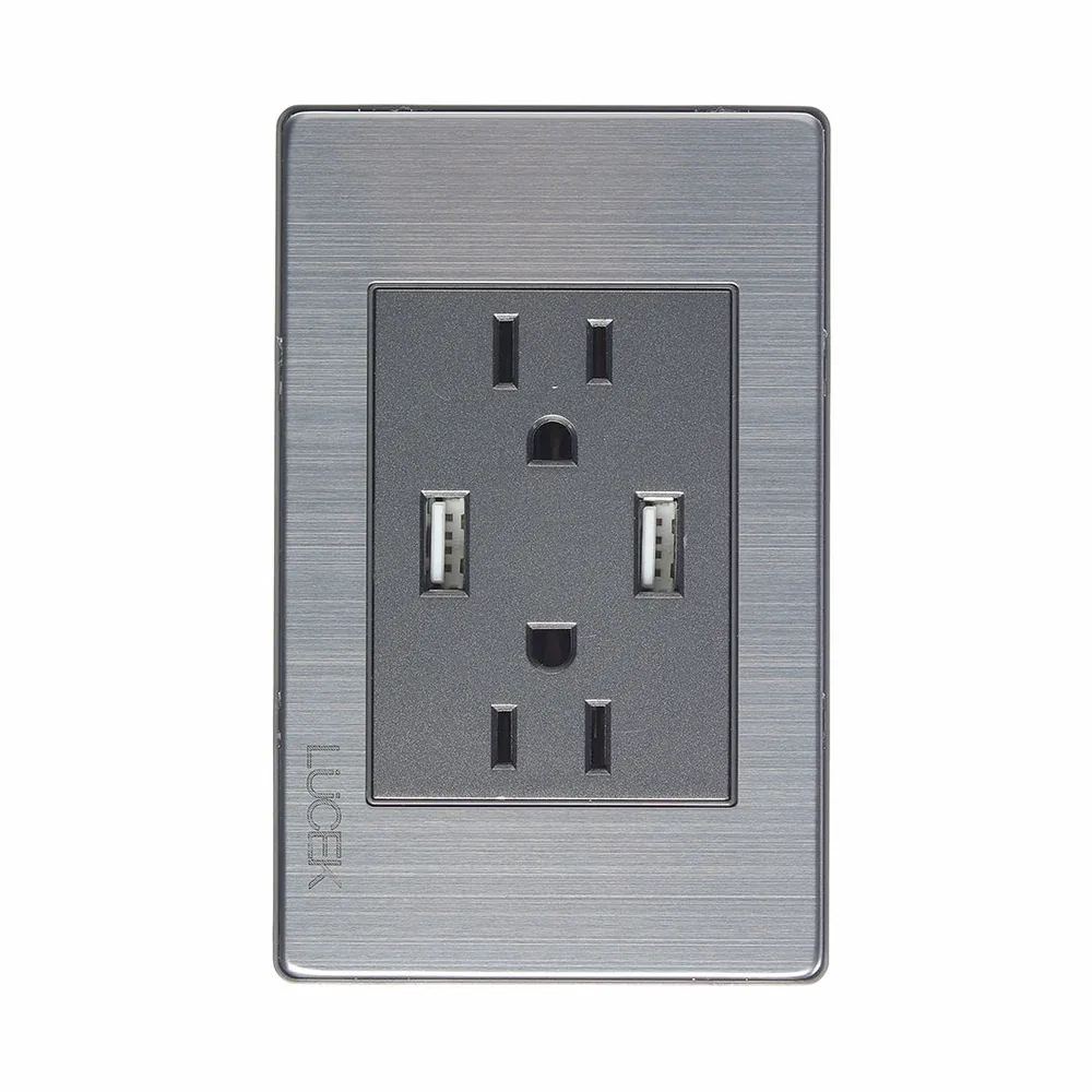 Placa c/2 contactos y 2 entradas USB Lucek premium acero inox.