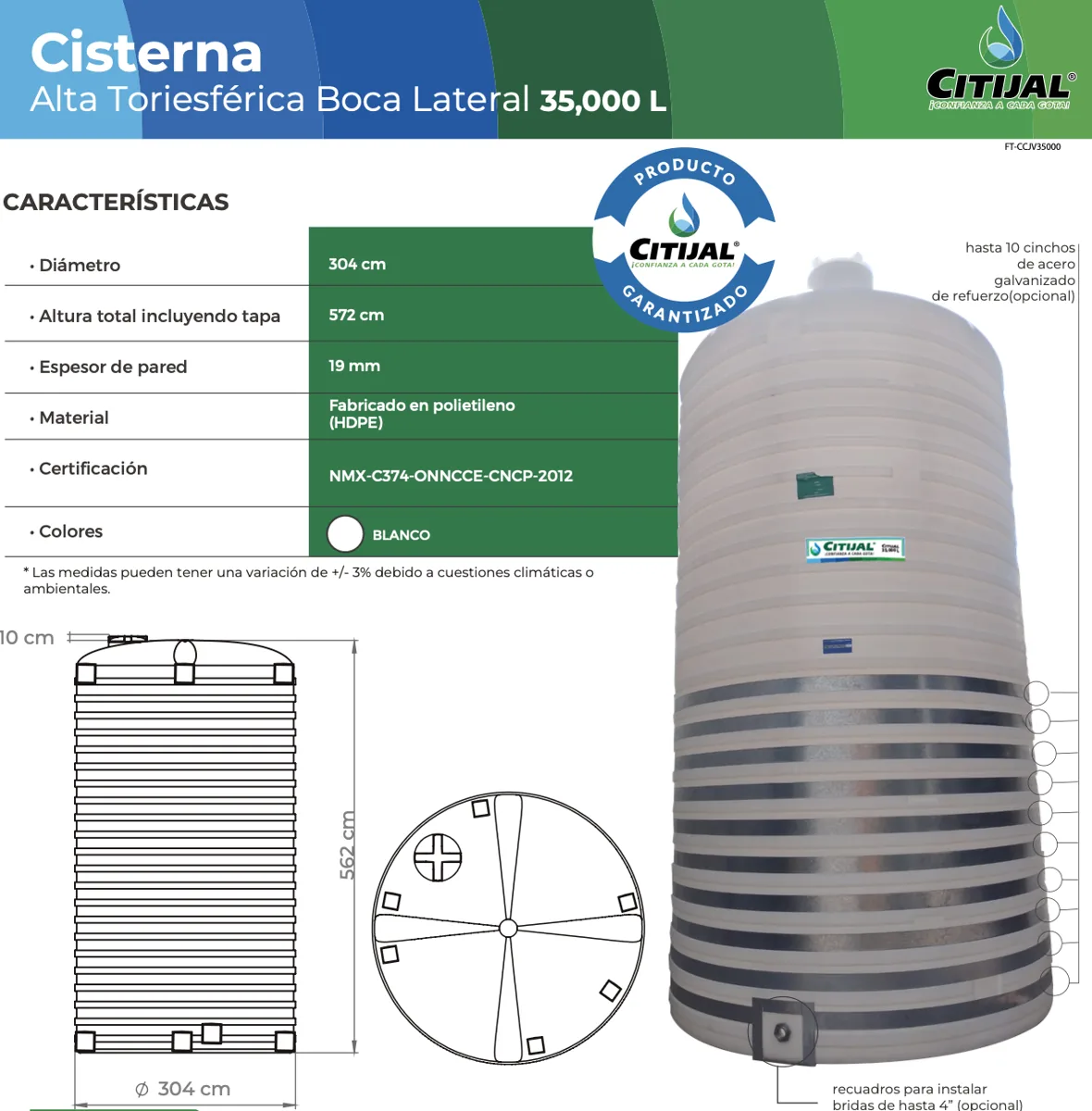 Cisterna 35,000 L vertical blanca Citijal