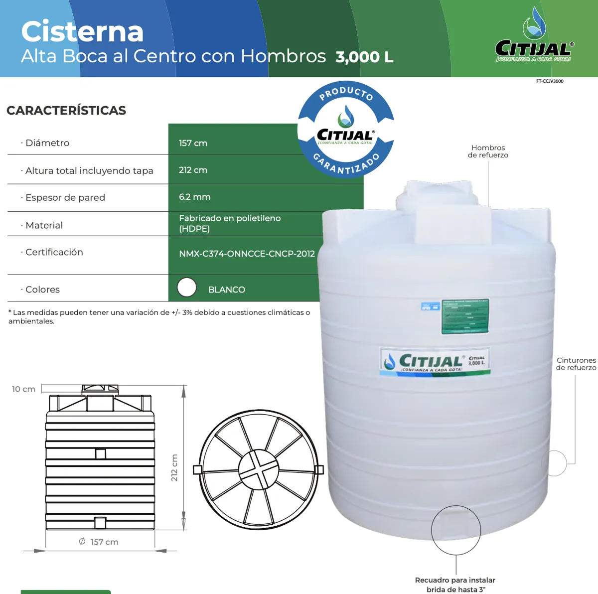 Cisterna 3,000 L vertical blanca Citijal