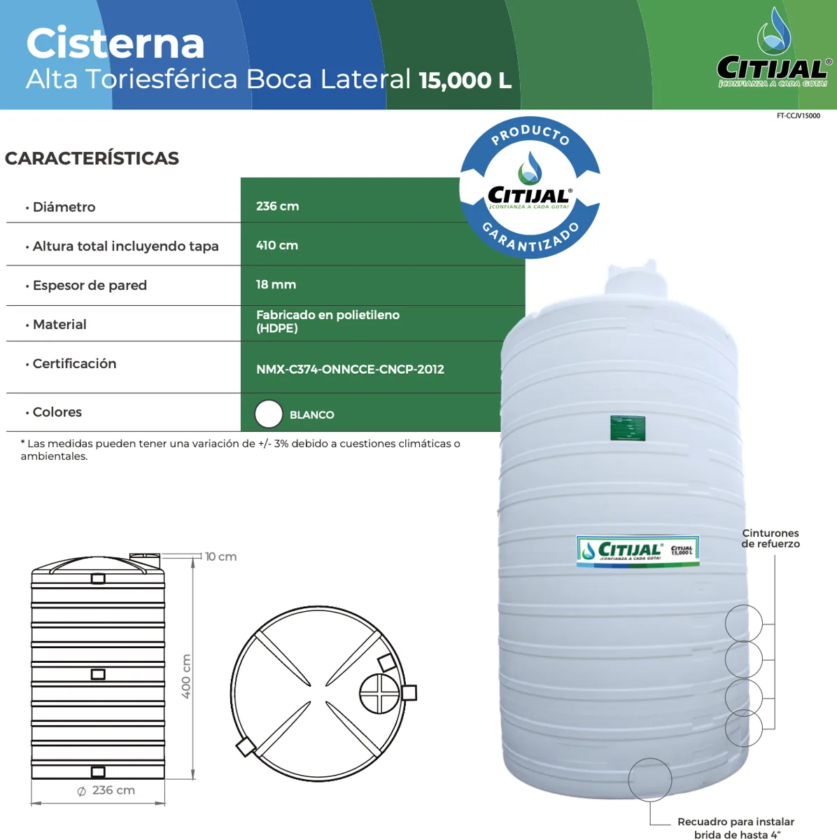 Cisterna 15,000 L vertical blanca Citijal