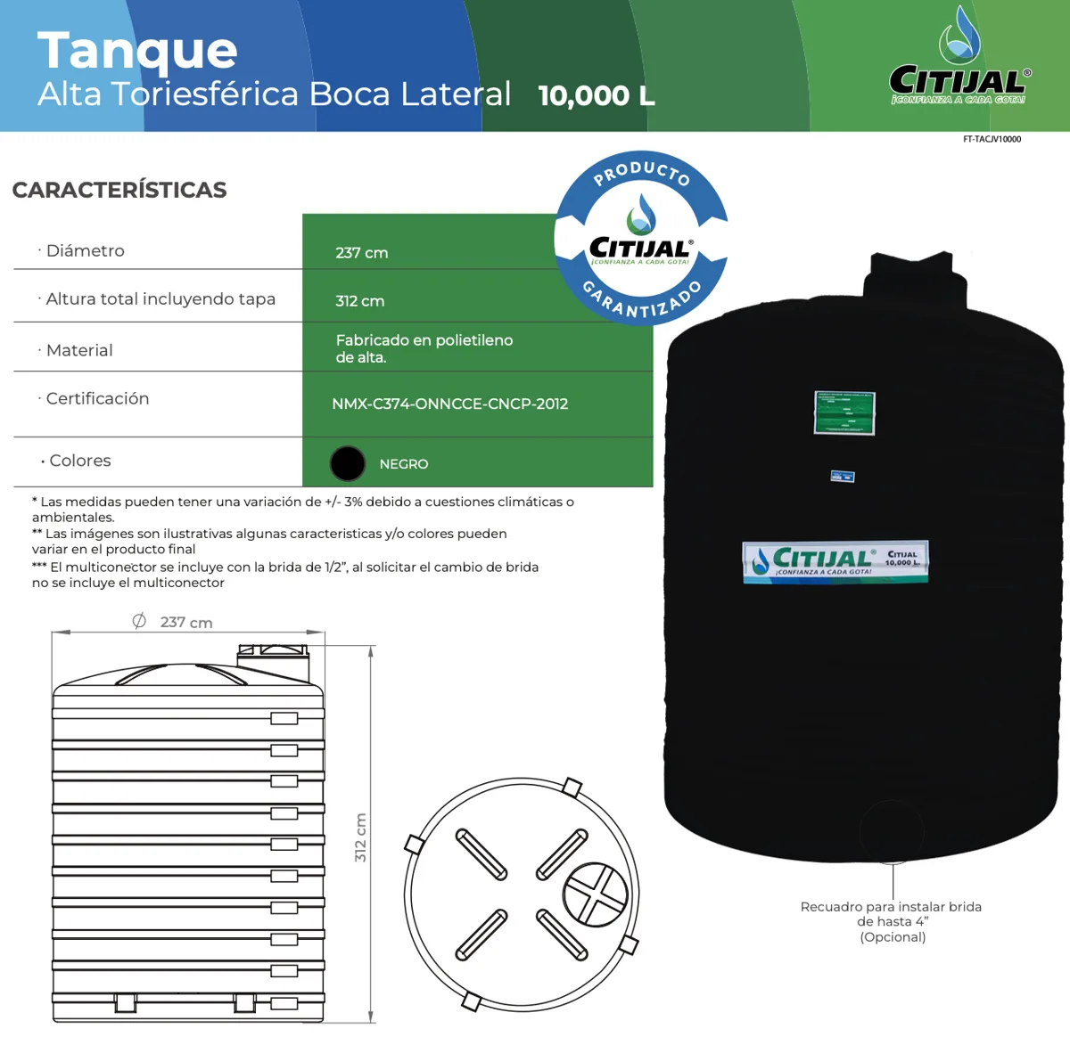 Tinaco 10,000 L vertical negro Citijal