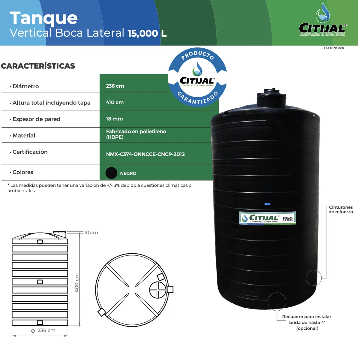 Tinaco 15,000 L vertical negro Citijal