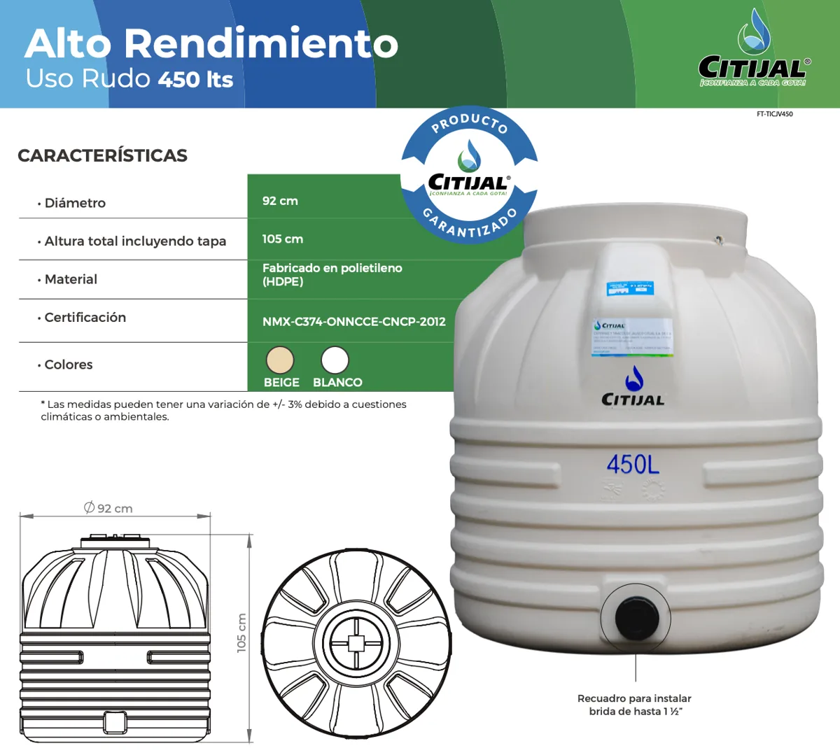 Tinaco 450 L uso rudo beige Citijal