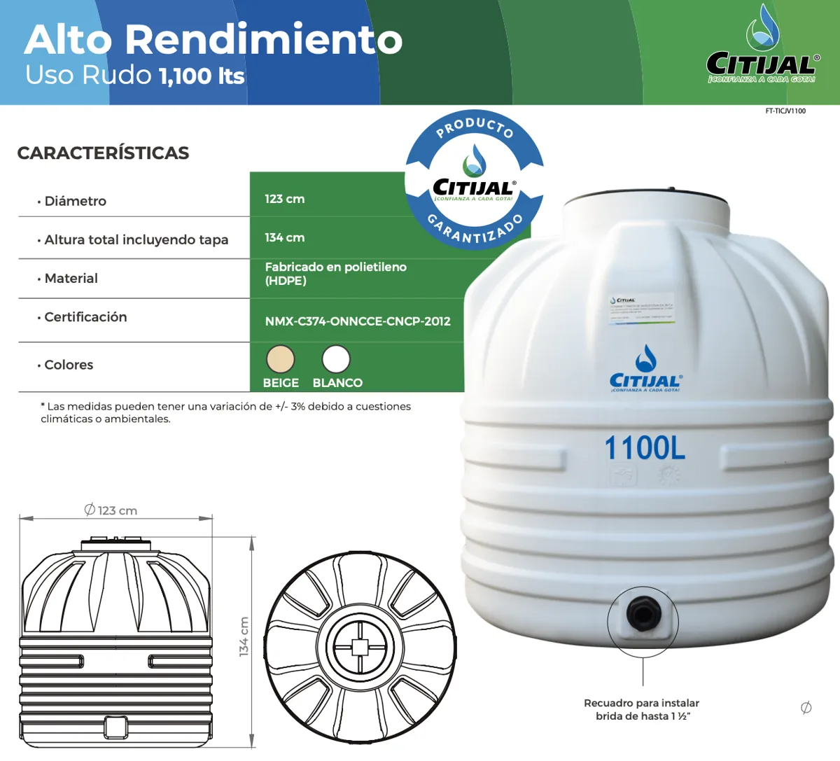 Tinaco 1,100 L uso rudo beige Citijal