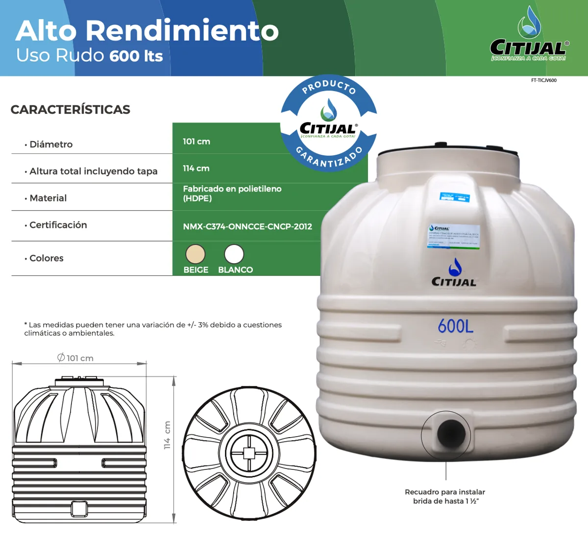 Tinaco 600 L uso rudo beige Citijal