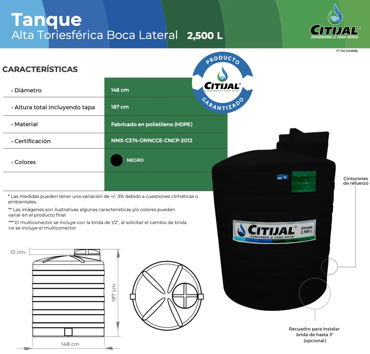 Tinaco 2,500 L vertical negro Citijal